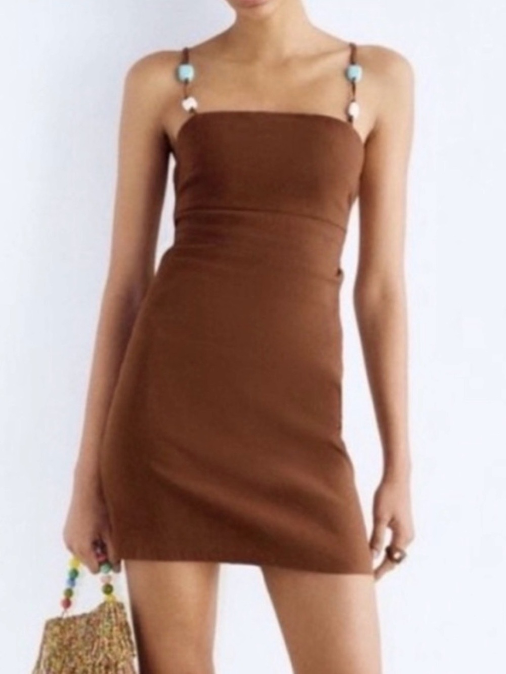 Zara Brown Beaded-Strap Mini Dress Small Strappy Linen Blend Beachy Casual